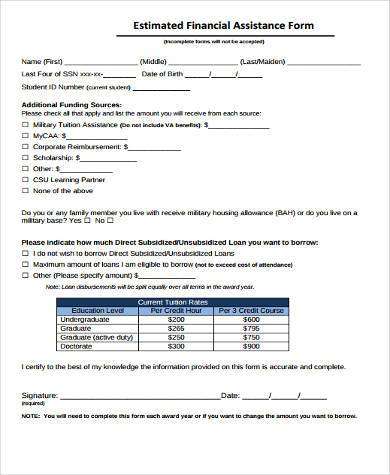 estimated financial assistance form in pdf