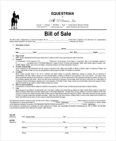 example of horse bill of sale