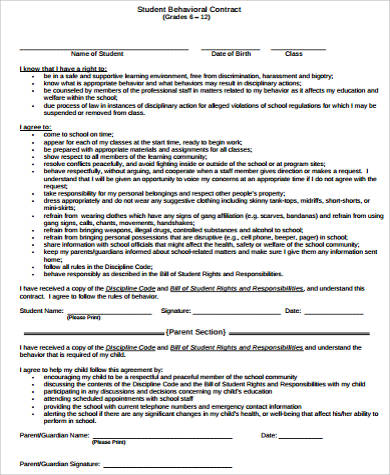 example of student behavior contract