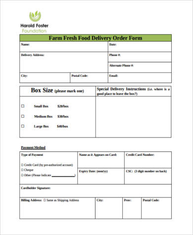 food delivery order form