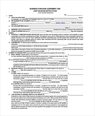 free business purchase agreement form