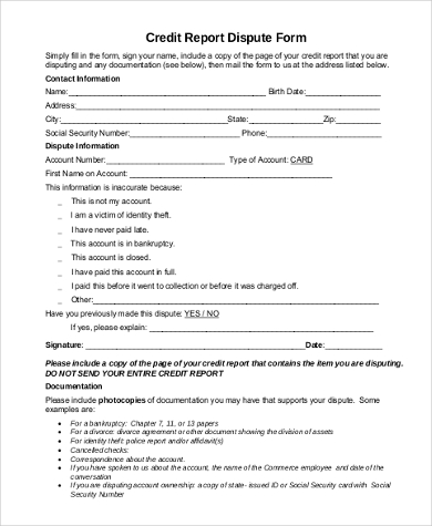 dispute credit form report forms sample pdf