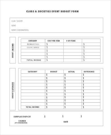 free event budget form example