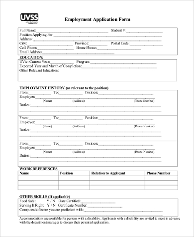 free generic employment application form