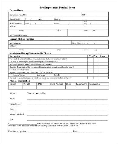 free pre employment physical form
