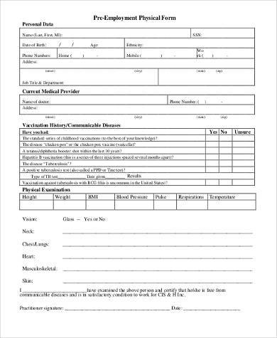 FREE 11 Pre Employment Physical Form Samples PDF MS Word