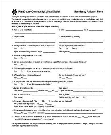 free residency affidavit form