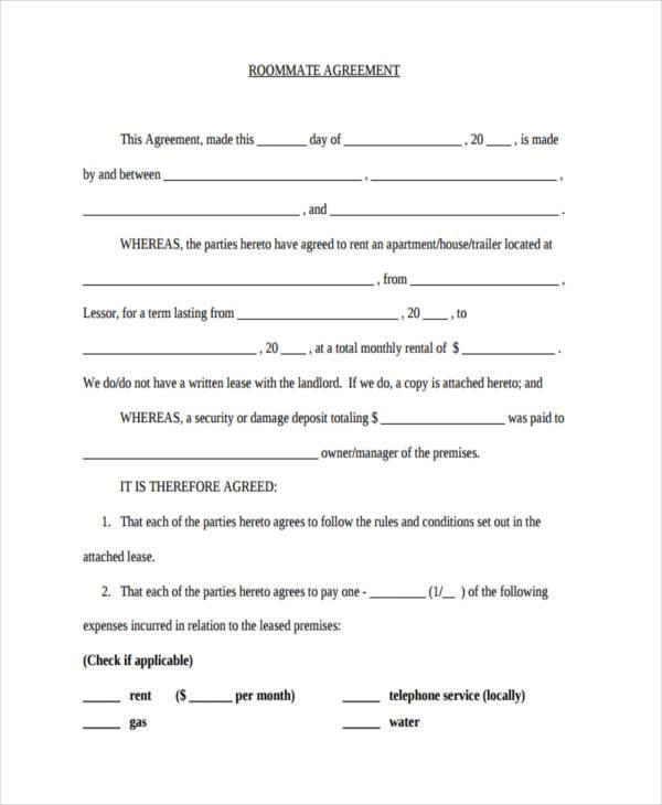 free roommate agreement in pdf