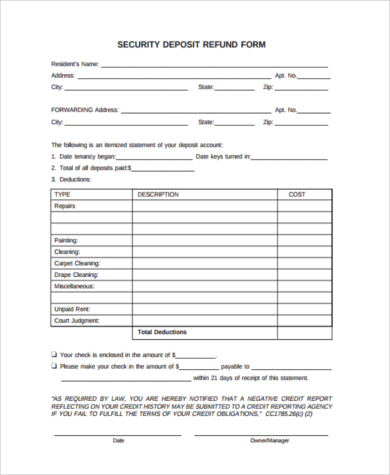 free security deposit refund form
