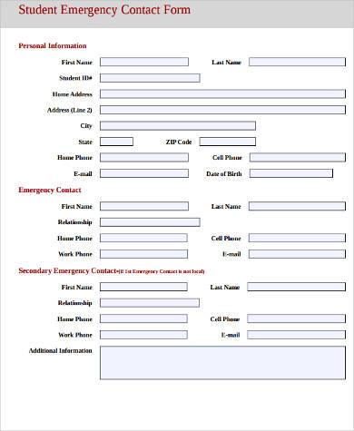 free student emergency contact form