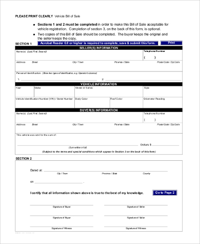 free vehicle bill of sale form