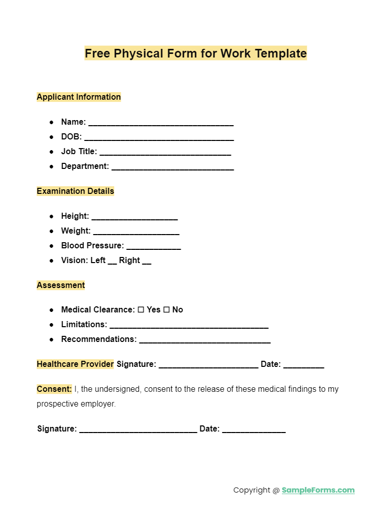 free physical form for work template