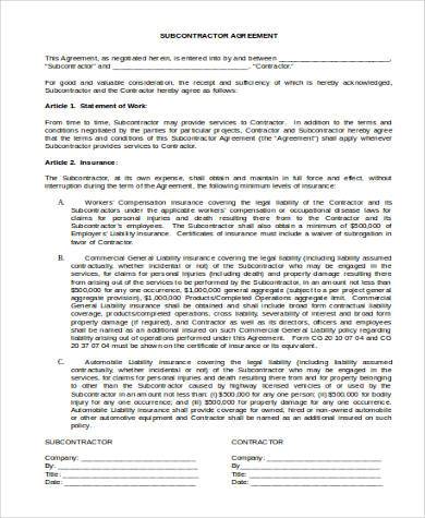 general subcontractor agreement form