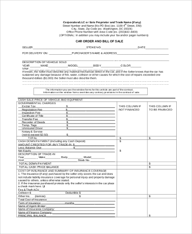 generic bill of sale form for car