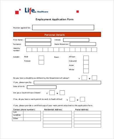 generic blank employment application form