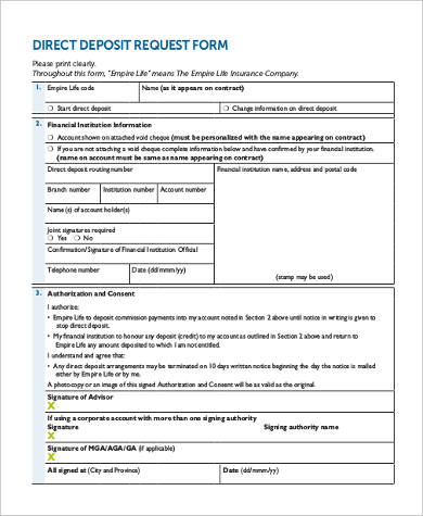 generic direct deposit request form
