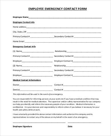 generic employee emergency contact form