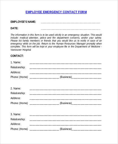 FREE 8+ Sample Employee Emergency Contact Forms in PDF | MS Word