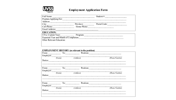 generic employment application form samples