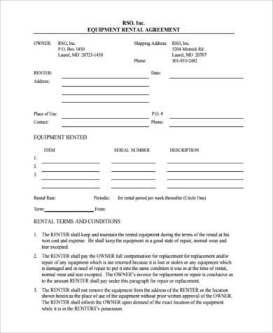 generic equipment rental agreement form