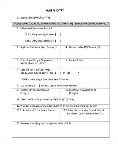 generic global entry application form