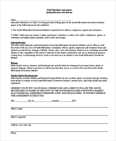generic hold harmless agreement form