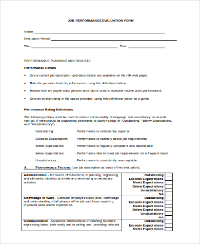 generic job performance evaluation form