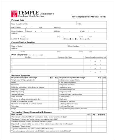 generic pre employment physical form