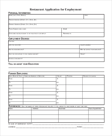 generic restaurant employment application form