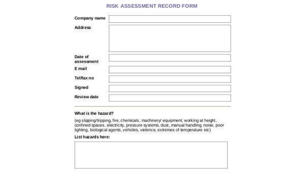 generic risk assessment form samples