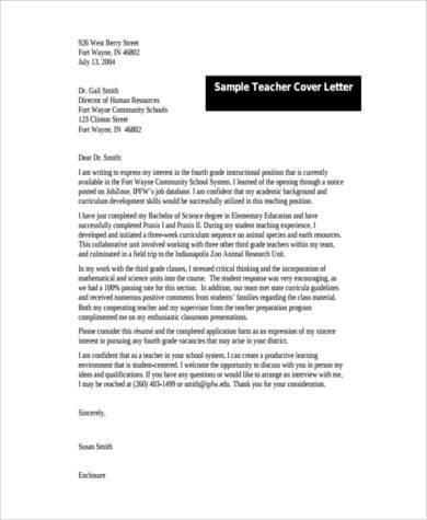 cover letter for teachers example