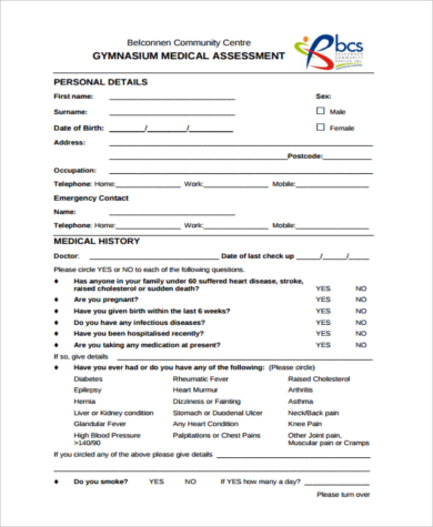 gym fitness assessment form