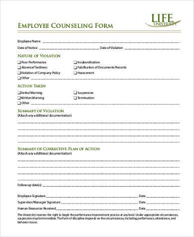 hr employee counseling form example