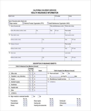 health insurance information form