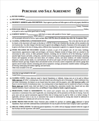 home sale purchase agreement form sample