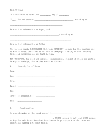 horse bill of sale form sample