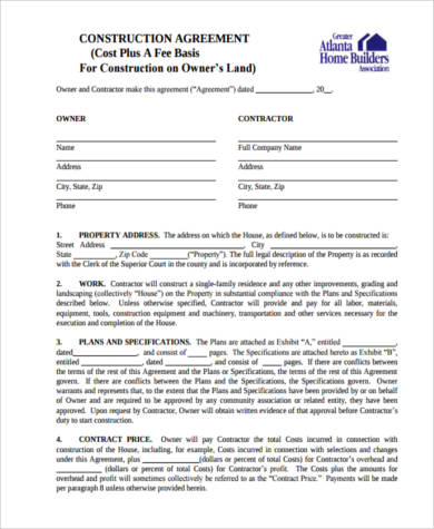 house construction contract form