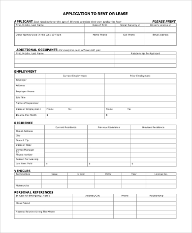 house rental lease application form