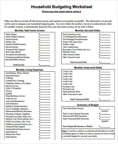 household monthly budget form