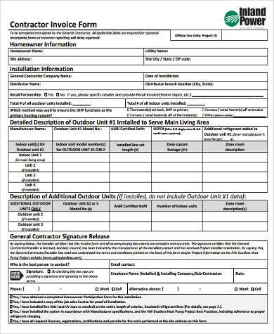 html invoice in form Form in    Contractor FREE Invoice WORD 9 PDF Samples