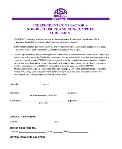 independent contractor non compete agreement form