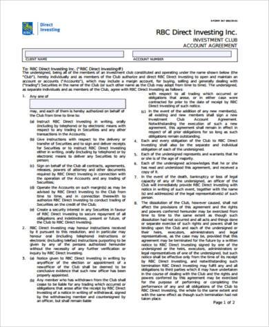 investment club account agreement form