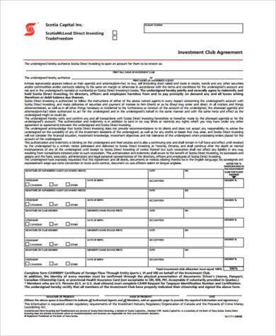 investment club agreement form example