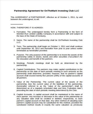 investment club partnership agreement form