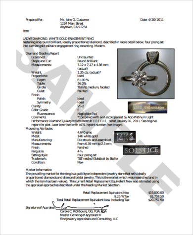 jewelry appraisal form example