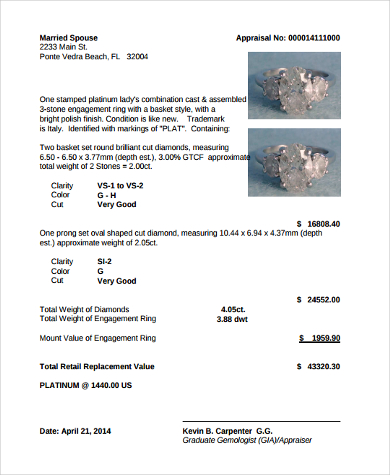 jewelry appraisal form pdf