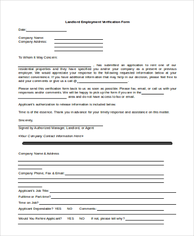 landlord employment verification form
