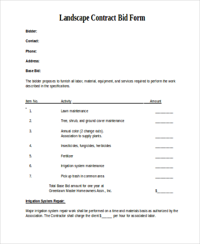 Free 6 Sample Contractor Bid Forms In, Landscaping Bid Sheet Template