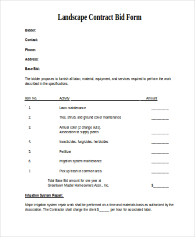 landscape contractor bid form