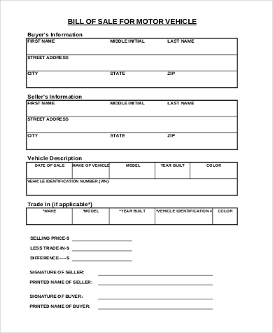 legal vehicle bill of sale form